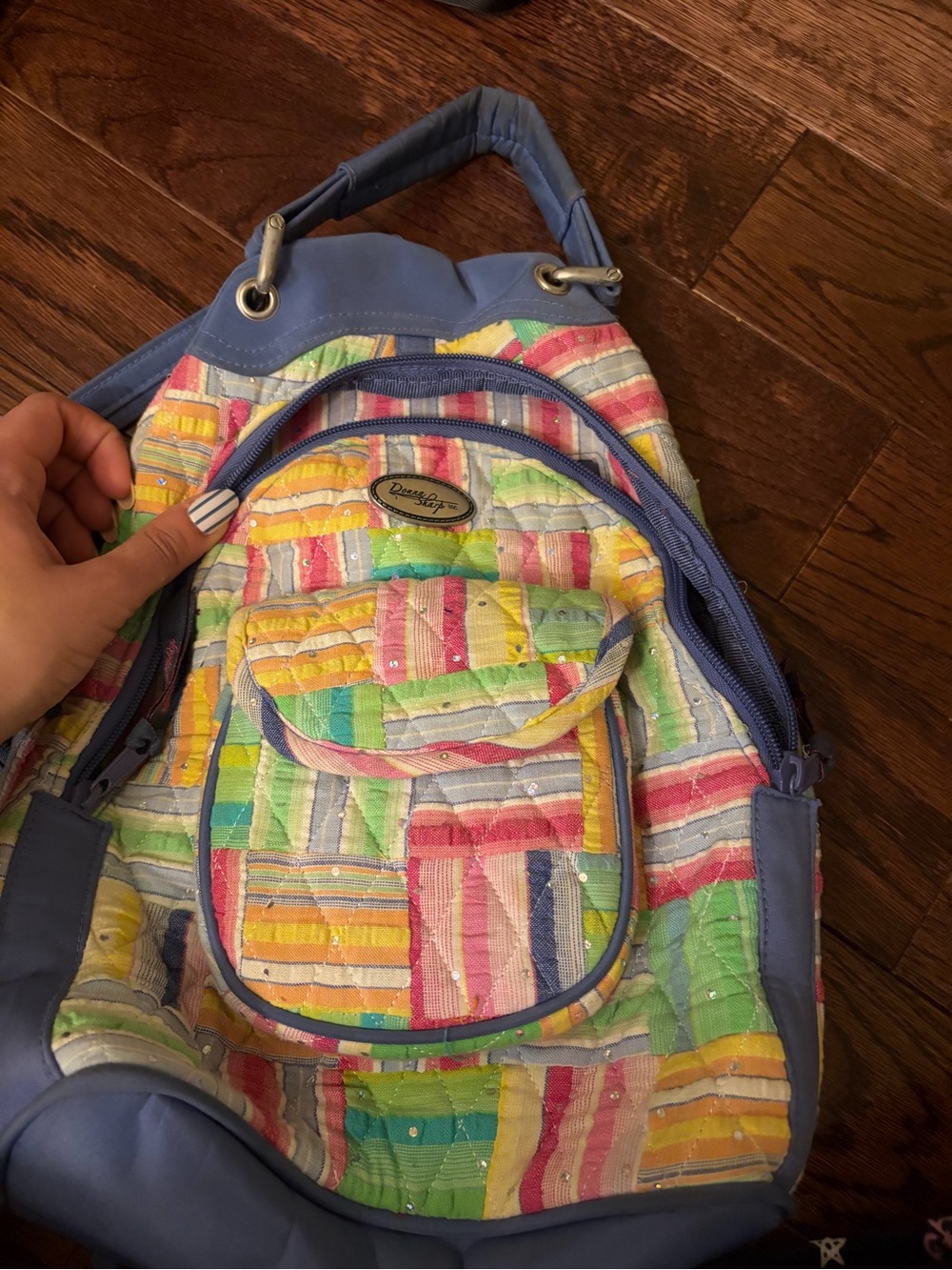 Pastel Striped Quilted Backpack with Blue Trim